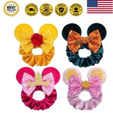 4 Pack Velvet Mouse Ears Scrunchies with Bow Sparkle Sequin Mouse Ears Bows E...