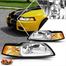 For 99-04 Ford Mustang LED DRL Chrome Housing Amber Corner Headlight/Lamp Pair
