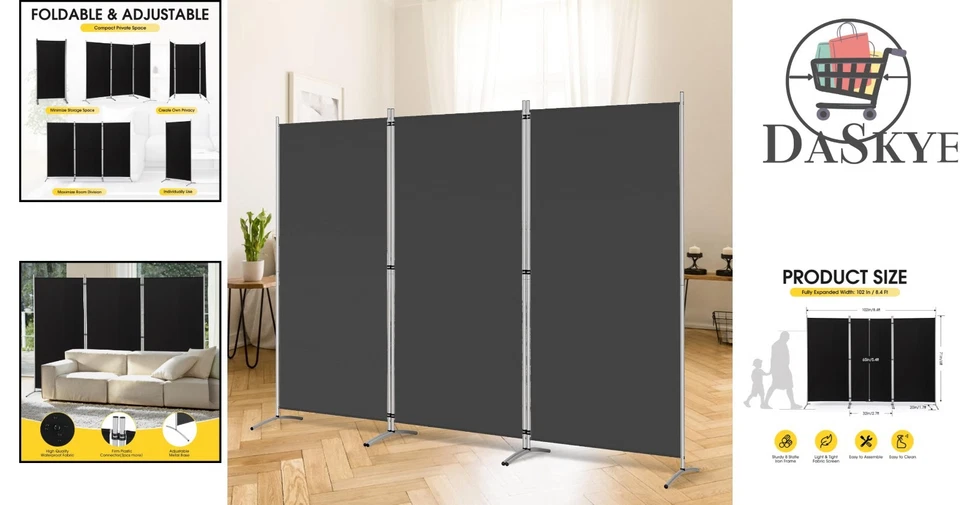 3 Panel Folding Privacy Screen - 6 Ft Tall Freestanding Room Divider - Black - Image 2 of 4