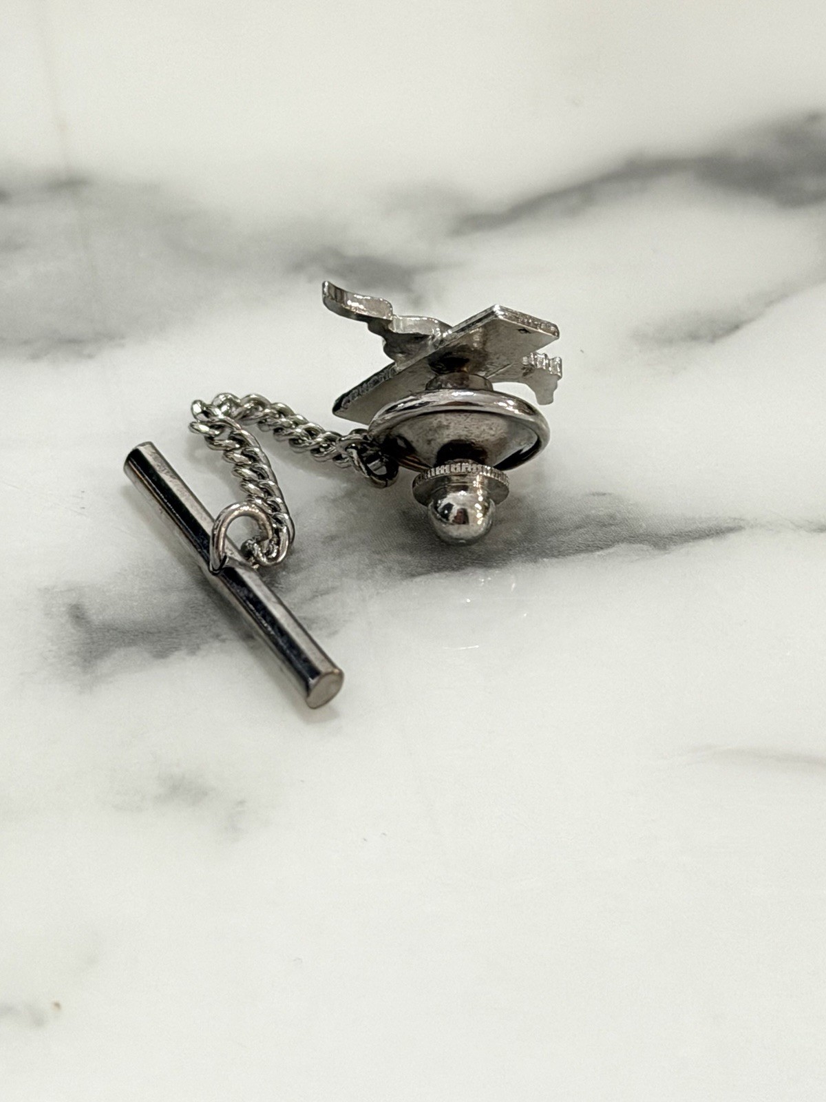 Ford Mustang Tie Tack Lapel Pin Running Horse Silver Tone Chain Bar Back 