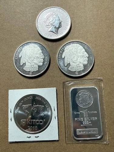 5oz Silver Bullion Lot 5x 1 oz .999 Rounds & Bars buffalo Kitco Elizabeth