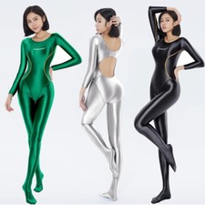 AMORESY Women Shiny Glossy Jumpsuits Long-sleeve Patchwork Rompers Bodysuit Yoga