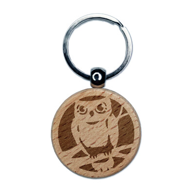 Wise Old Owl Sitting on Branch Engraved Wood Round Keychain Tag Charm