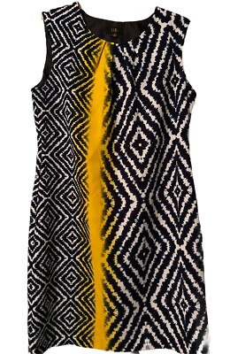 ILE New York Sleeveless Dress Women s Size 12 Navy White Yellow Diamond Design