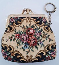 Vintage Keychain Coin Purse With Floral Needlepoint Style Fabric 3 3/4" x 3 3/4"