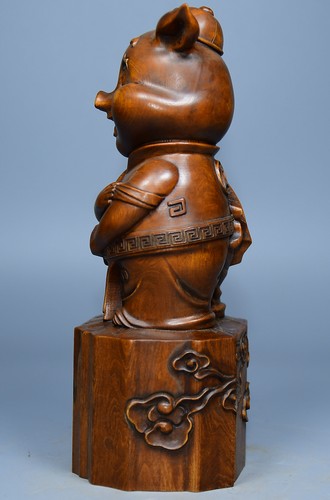 Chinese Boxwood Wood Carving Struggle Pig Statue Home Decor Nice Art Work Gift - Picture 5 of 15
