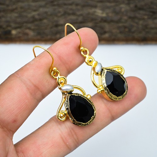 Black Spinel ,Pearl 18k Gold Plated 925 Silver Electroforming Earring Women Gift - Picture 2 of 4