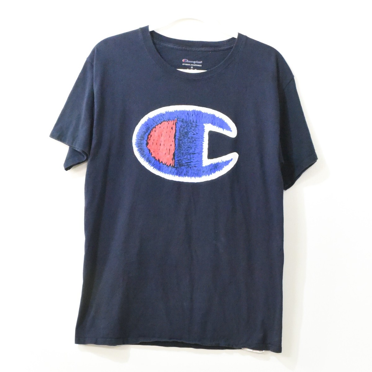 Champion Men Navy Blue T-Shirt Graphic Big Small C Logo Crewneck