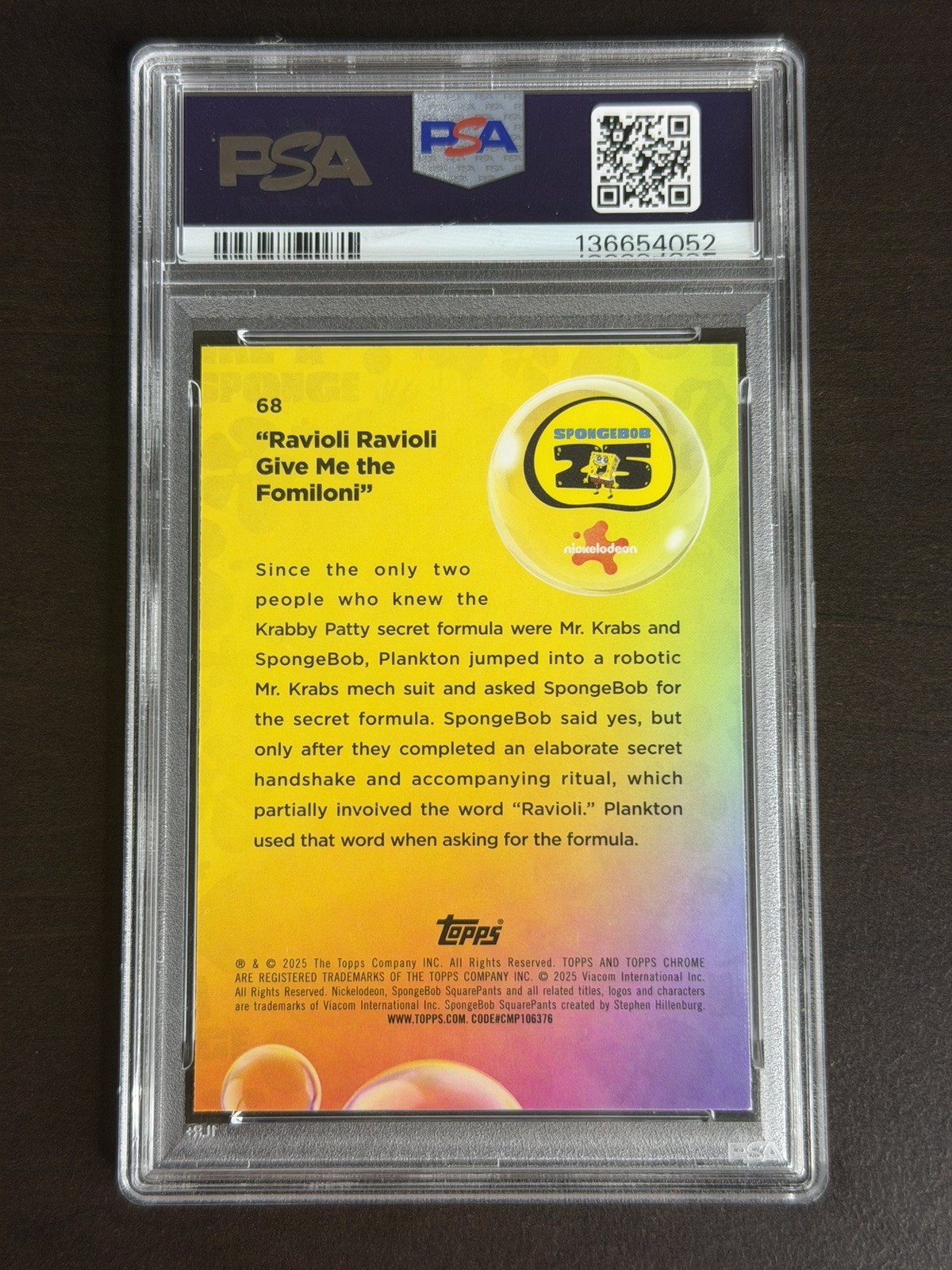 2025 Topps Chrome Sapphire SpongeBob Ravioli Give Me Formuoli Green /99 PSA 10 view 2