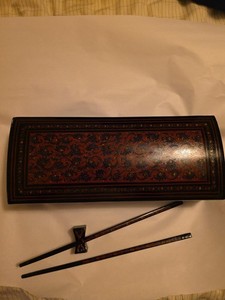 Vintage Set of 6 Handmade And Hand Painted  Chopsticks & Stands 10" Laquered Box
