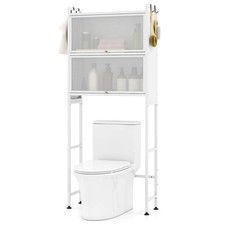 66" Bathroom Organizer w/2 Flip-up Cabinets, See-through Fluted Doors, 4 Hooks