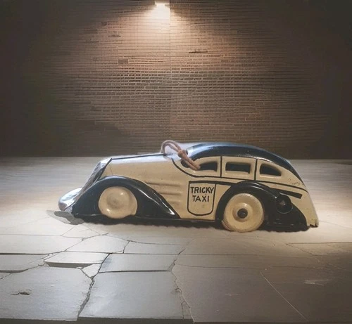 Vintage MARX Black & Beige TRICKY TAXI Mechanical Wind-Up Tin Toy in Box w/ Key