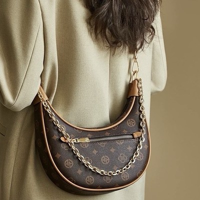 Women s Crescent Shoulder Bag with Chain Vintage Brown Monogram Crossbody Purse
