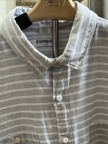 Express Mens 55% Linen 45% Cotton Grey/White Striped Button Up Size XL - Picture 1 of 7
