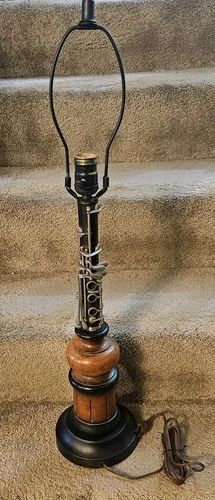 Clarinet Table Lamp Silver & Black W/ Wooden & Metal Base Early American 30"