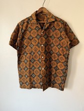 VTG 60s Geometric Hawaiian Loop Collar Button Up Shirt Orange Brown Fits Md/Lg