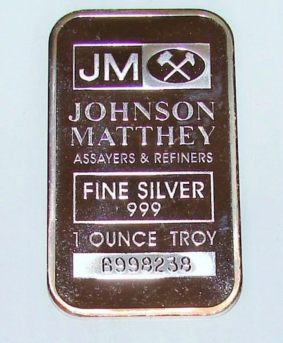 JM Johnson Matthey Vintage Silver Bar 1 OZ Troy Ounce .999 Bullion B998238