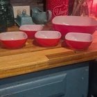 PYREX Glass Milk Glass Red White Five-Piece Bowl Set Round Glossy Vintage