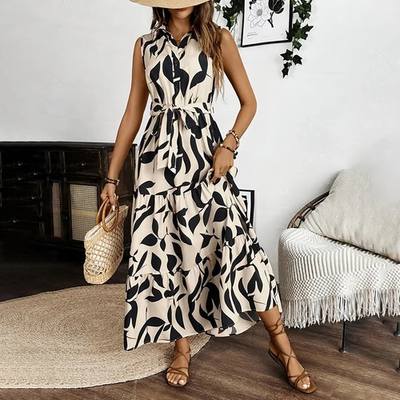 #ad Women Sleeveless Boho Floral Maxi Dress Summer Button Shirt V Neck Flowy Belted $24.99