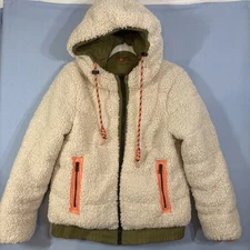 Esprit Sherpa Reversible Hooded Bomber Jacket Womens M Cream/Mustard Orange Trim
