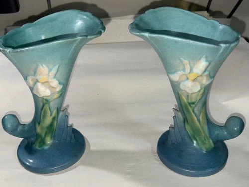 Roseville Pottery Iris Cornucopia Vases 6", Blue.