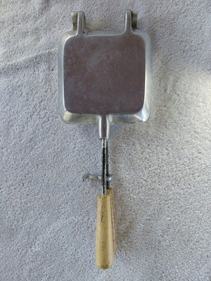 Vintage Sandwich & Waffle Maker Cast Aluminum  Hinged Wooden Handles Toaster...