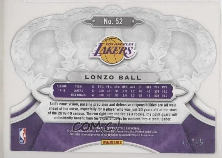 2018-19 Panini Crown Royale Purple Crystal /25 Lonzo Ball #52 - Image 2 of 2
