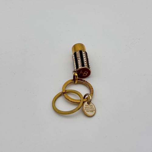 Henri Bendel Keychain Lipstick Charm Gold Tone Rhinestone Stripe Logo Key Fob - Picture 2 of 12