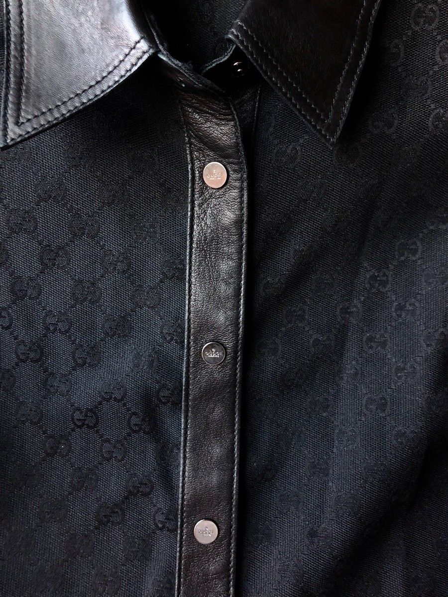 Tom Ford For Gucci GG Monogram Black Canvas Leather Trim Shirt