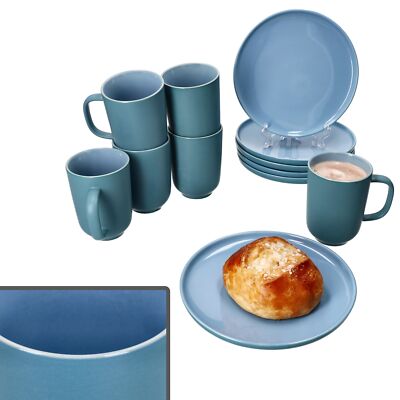 Ritzenhoff Jasper 12tlg Frühstücksset Ozeanblau Steingut Teller Kaffeebecher 