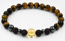 Men's Beaded Bracelet, Deep Brown Lava Rock, Tiger Eye and Citrine Gemstone, Str