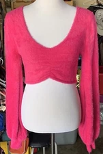 Forever 21 Cropped Hot Pink Fuzzy top Super Soft long sleeve size L rare find