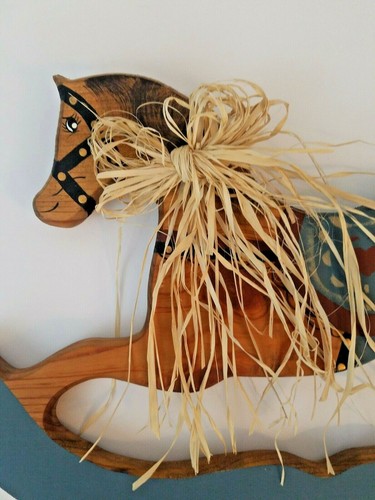 Handmade Wooden Painted Rocking Horse Wall Hanging Decoration 17" Long Straw Bow - Picture 2 of 11