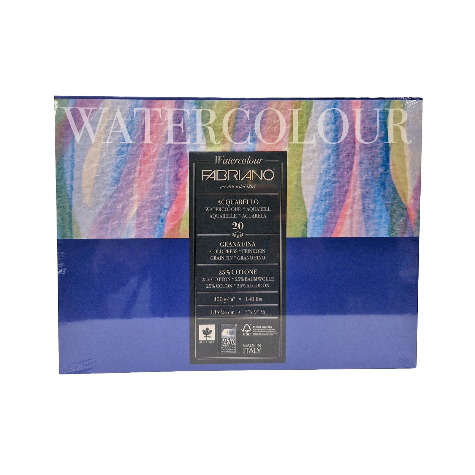 Fabriano Watercolour Block 7x9.5” 25% Cotton Cold Pressed 300gsm 20 Sheets