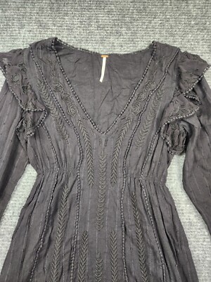 Free People Womens Size 0 Isabella Mini Dress Black Cotton Flowy Long  Sleeve | eBay