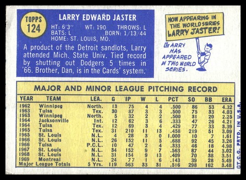 1970 Topps #124 Larry Jaster Montreal Expos pliegue de bajo grado - Imagen 2 de 2