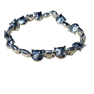 Cat Bracelet Silver Pewter Charms 8 inch Elastic Kittens Kitty Cats