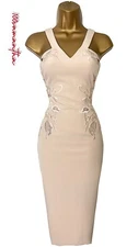 Karen Millen Size UK 12 EMBROIDERED PENCIL COCKTAIL DRESS NUDE BEIGE