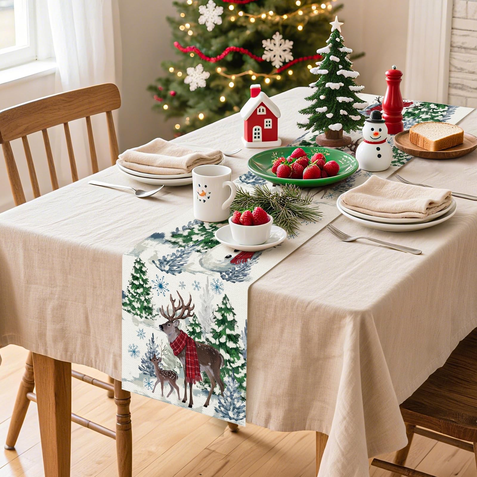 Reindeer Snowman Christmas Tree Table Runner Xmas Winter Snowflakes Holiday