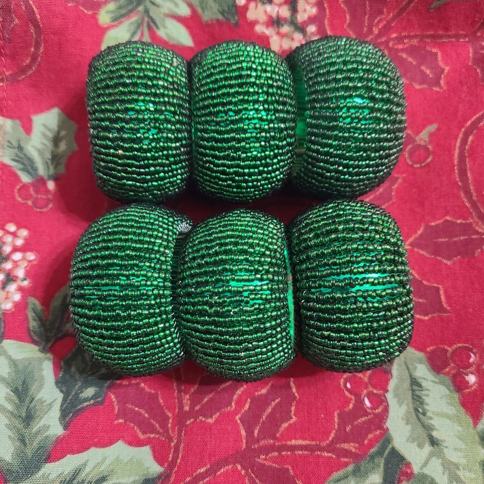 Servilletas Navidad Acebo Rojo Borgoña (8) 16" Cuadradas con 6 Anillos Cuentas Verdes Foto 2 de 4