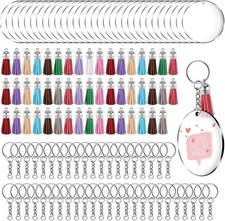 200 Pcs Acrylic Clear Keychain Blanks Tassels Set Including Key Rings with Chai