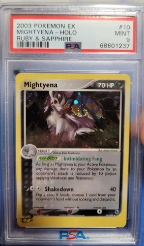 PSA 9 Mightyena 10/109 Ruby & Sapphire 2003 Pokemon Card Holo Foil MASSIVE SWIRL