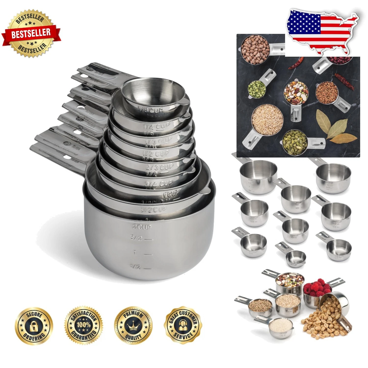 9-Piece Stainless Steel Measuring Cups Set Stackable Spout
