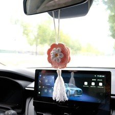 Crochet Daisy Car Charm, Pink Flower Rear View Mirror Hanging Accessory Gift