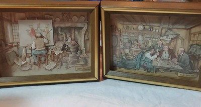 2 Anton Pieck 3D Art Pictures Folk Art Vtg 1960s Paper Shadowbox Victorian