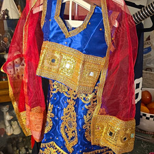 Handmade Girls Salwar Kameez Blue/Gold Embroidered 3pc w/ Red Net Dupatta
