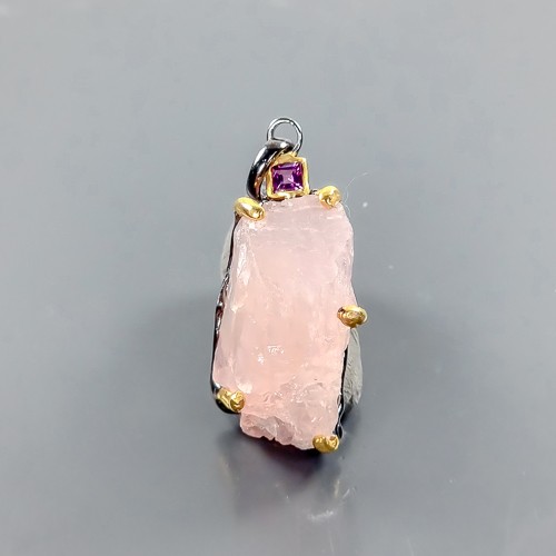 Handmade 24ct+ Natural Rose Quartz Pendant 925 Sterling Silver /B-P0572
