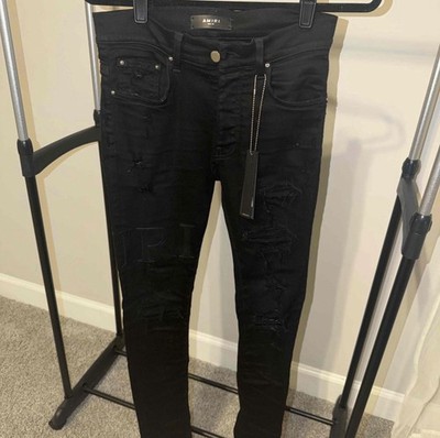 AMIRI Black Dark Wash Distressed Skinny Fit Denim Jeans Cotton Blend