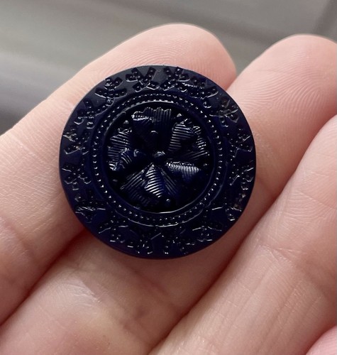 Vintage 3/4” Dark Blue Glass Button Flower Star G57
