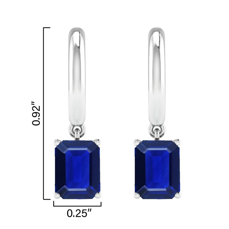 8X6 mm Emerald Cut Lab Created Sapphire 14k White Gold Plated Dangle Earrings - Image 3 of 4